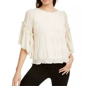 Line & Dot Cream Chiffon Flutter Sleeve Blouse Feminine Boho-NWT-Women’s Size L